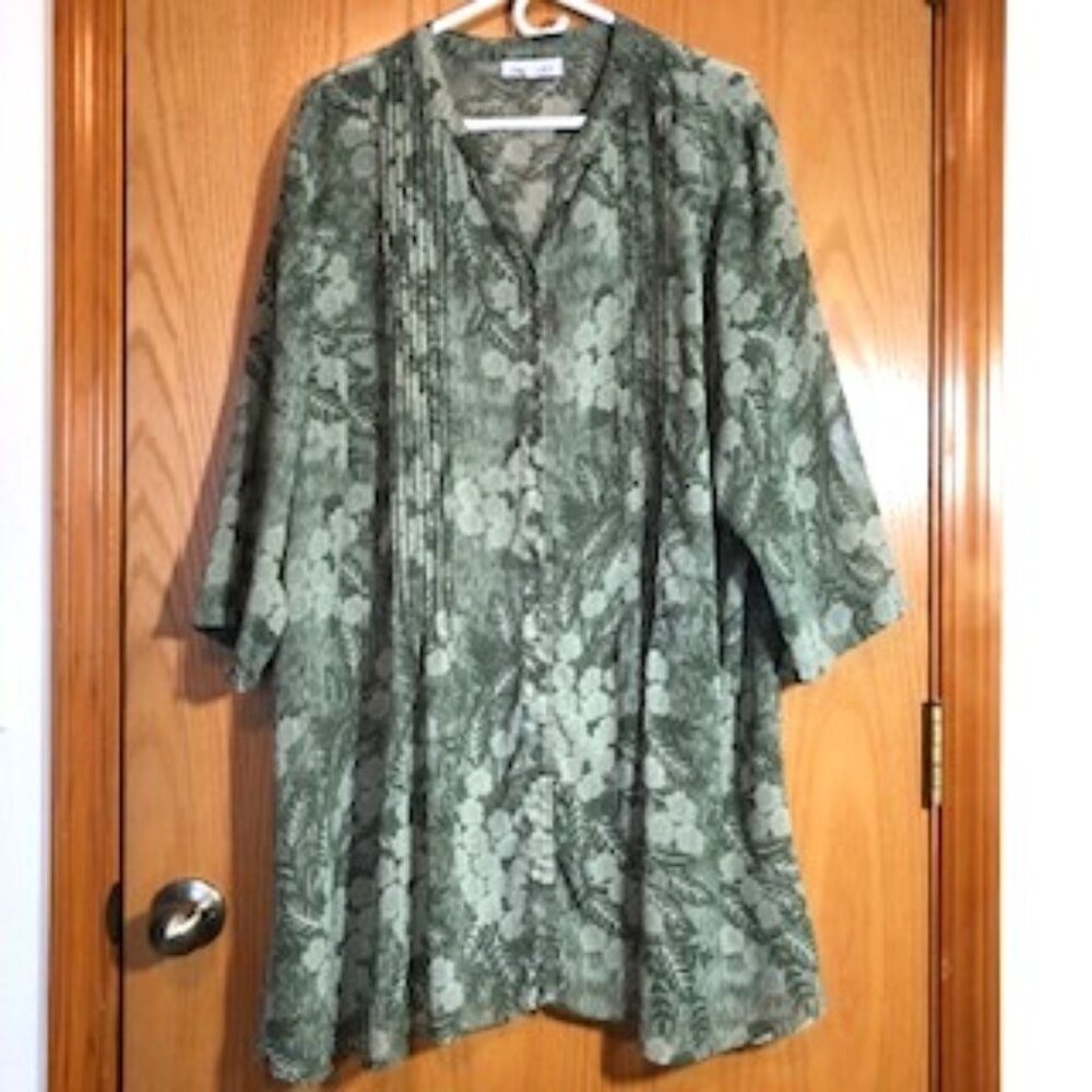 Serengeti Flowy Sheer Floral Sage Green Tunic Pleated Button Front Plus 3X XXXL